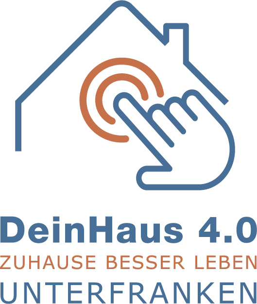 Logo DeinHaus 4.0 - Zuhause Besser Leben - Unterfranken zeigt ein Haus und bildlich das Anklicken mit dem Finger. Darunter der Text 