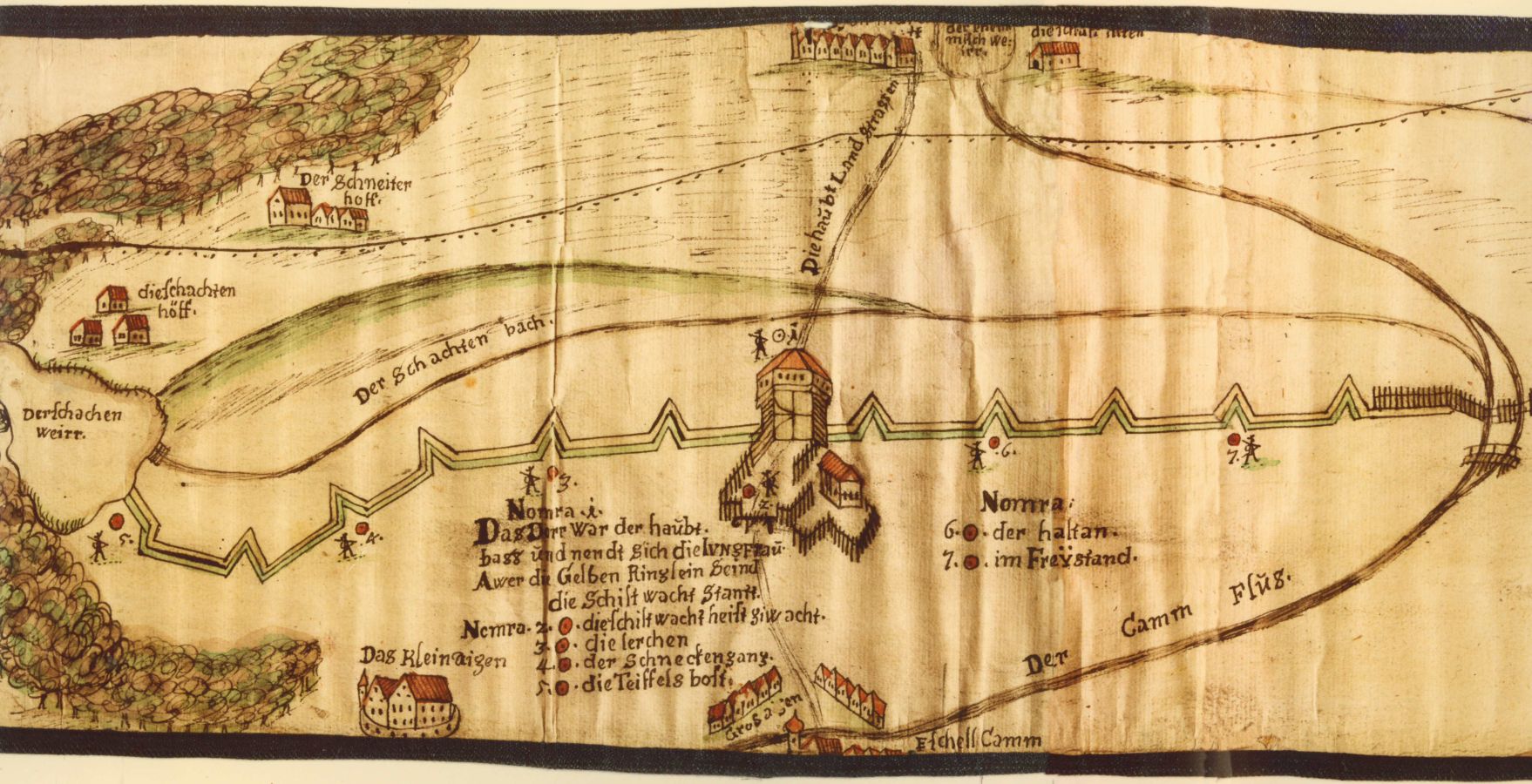 Eine alte gezeichnete Karte auf der Verschanzungen im Wald (Gemeinde Eschlkam, Gemarkung Großaign) zu sehen sind.